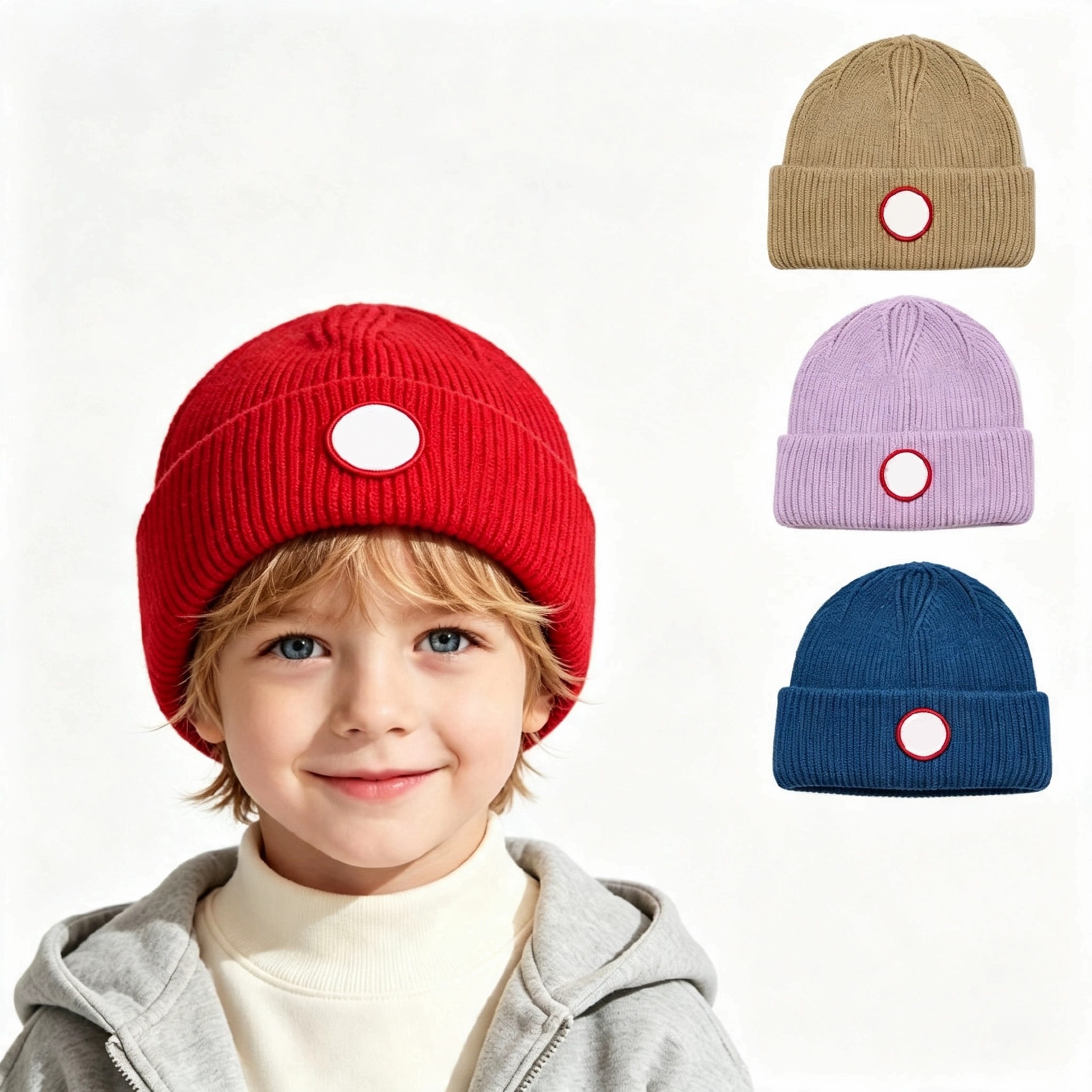 Kids Knitted Beanie Winter Hat Warm Solid Color Circle Patch Ribbed Hat Boys Girls Elastic Cuff Woolen Cap Children Outdoor Ski Hat Designer Beanie