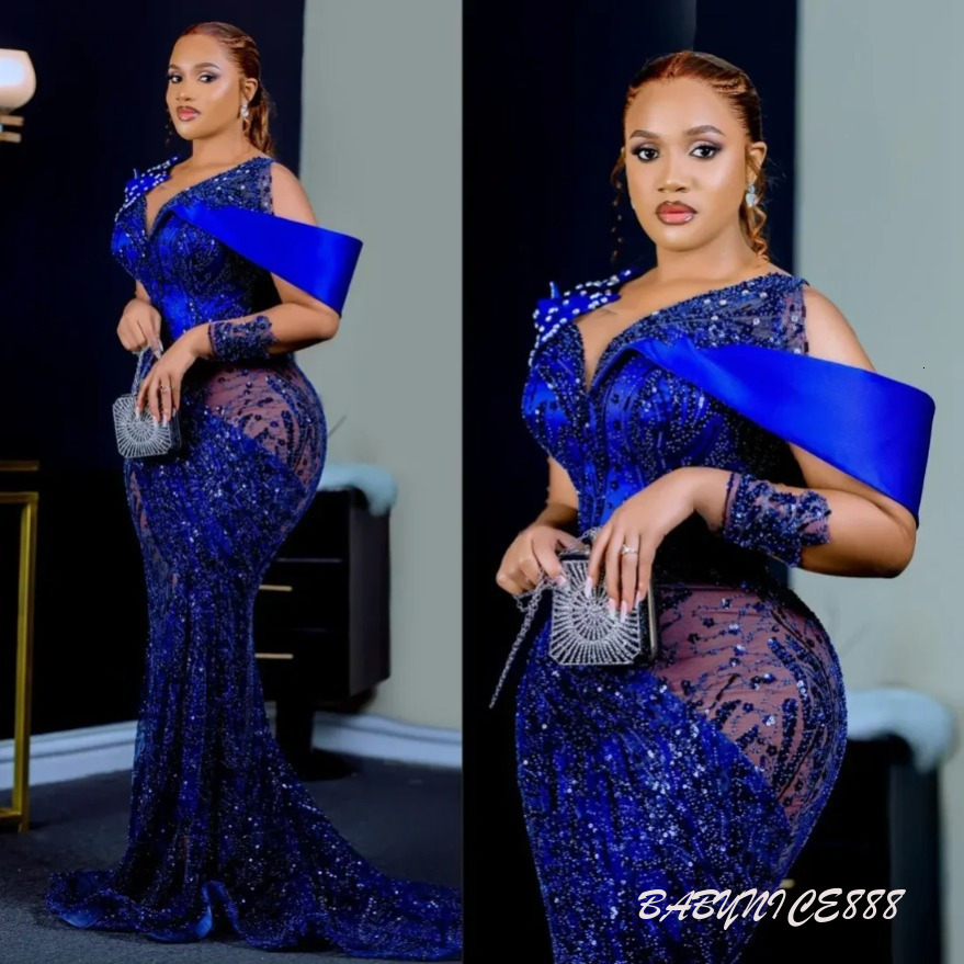 Royal Blue Aso Ebi Prom Dresses Sheer Long Sleeves Mermaid Beaded Lace Formal Evening Gowns Plus Size Engagement Dresses