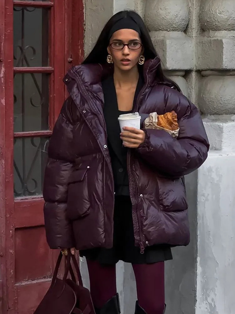 Winter Burgundy Warm Cotton Hooded Coats Women Fashion Stand Collar Zipper Thick Jacket Female Casual Commuter Outerwear 261015