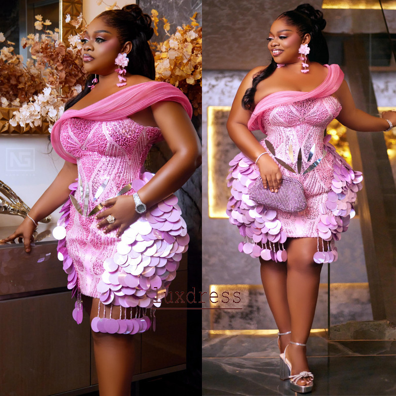 Plus Size Baby Pink Cocktail Dresses For Women Short Prom Dress One Shoulder Sequins Beads plus Size Evening Homecoming Gowns BC24092