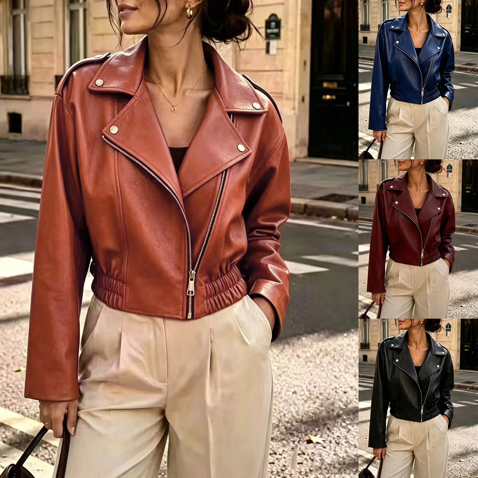 Long Sleeve Plus Size Pu vintage Casual Loose Spring Autumn Faux Leather Moto Jacket Women Crop tops 261016