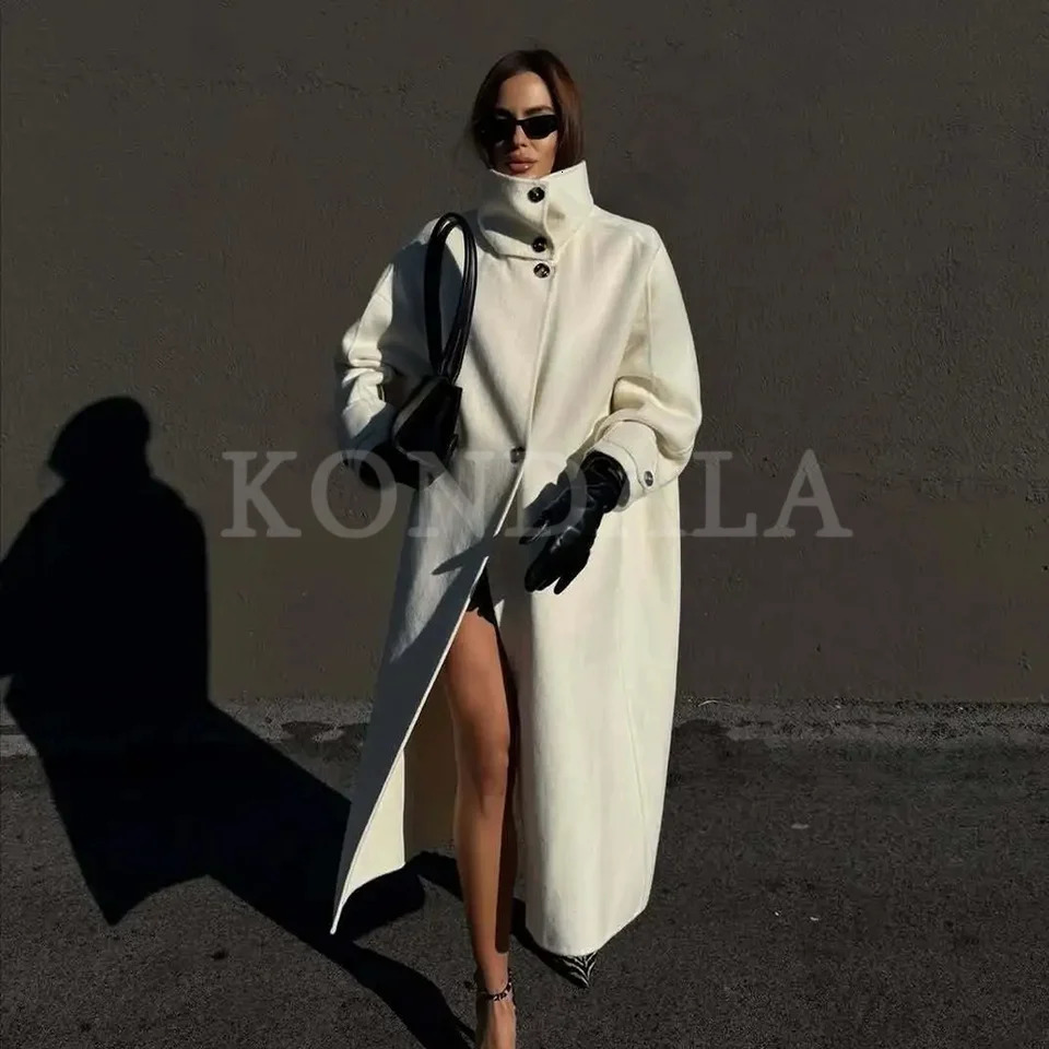 KONDALA Fall Winter Elegant White Women Long Coats Fashion Casual Button Turtleneck Straight Thick Ladies Long Coats 261016