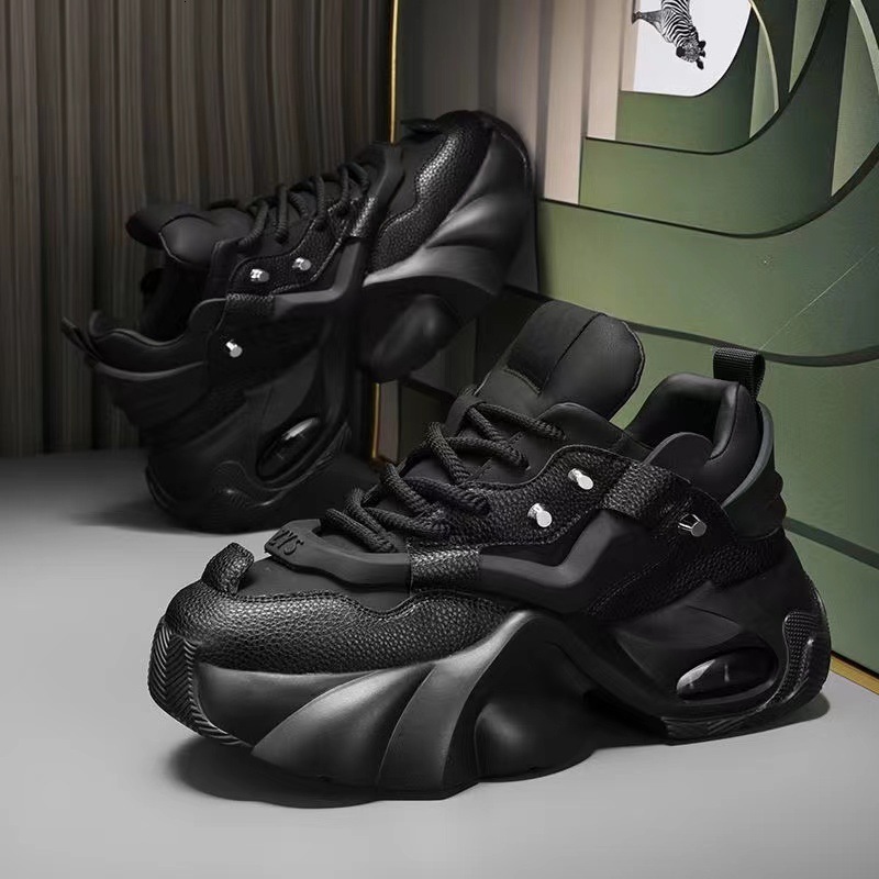 Women Black Chunky Platform Dad Sneakers Air Cushion Thick Sole Breathable Mesh Non Slip Fashion Street Casual Shoes