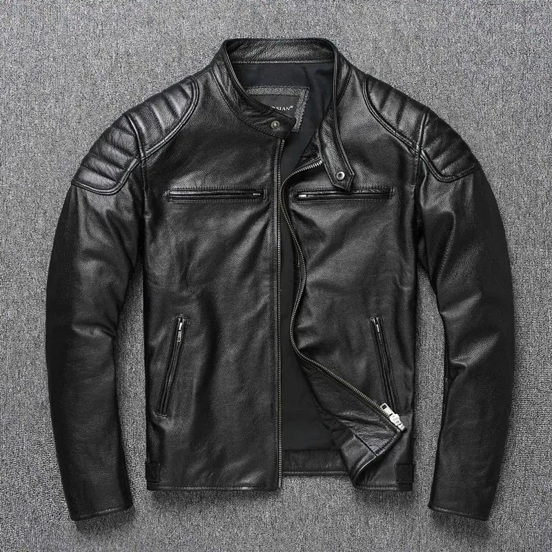 Men Short Jacket Style Clearance Top Layer Cowhide Leather outerwear Men Stand Collar Motorcycle Youth Spring Autumn Plus Size Jacket Cropped f2f