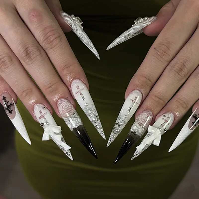 False Nails Gothic White Lace Print Cross Black French 3D Bow Pearl Long Pointed False Nails Detachable Finished Fake Nails Press on Nails Q261017