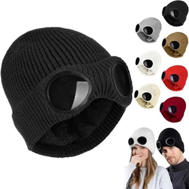 Winter Knitted Hat with Goggles Windproof Thicken Warm Goggle Knitted Beanie Hat for Man Women Skiing Hiking Cycling Daily Wear S261017DDPN
