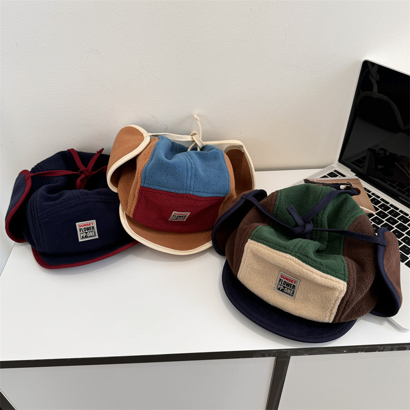 2024 new American retro colorblock fleece earflap fivepanel cap shortbrimmed aviator hat for autumn and winter