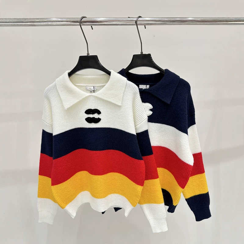 Women's Sweaters Designer High-end 26 autumn fashion new color-block striped collared knit long-sleeve top women designer clothes