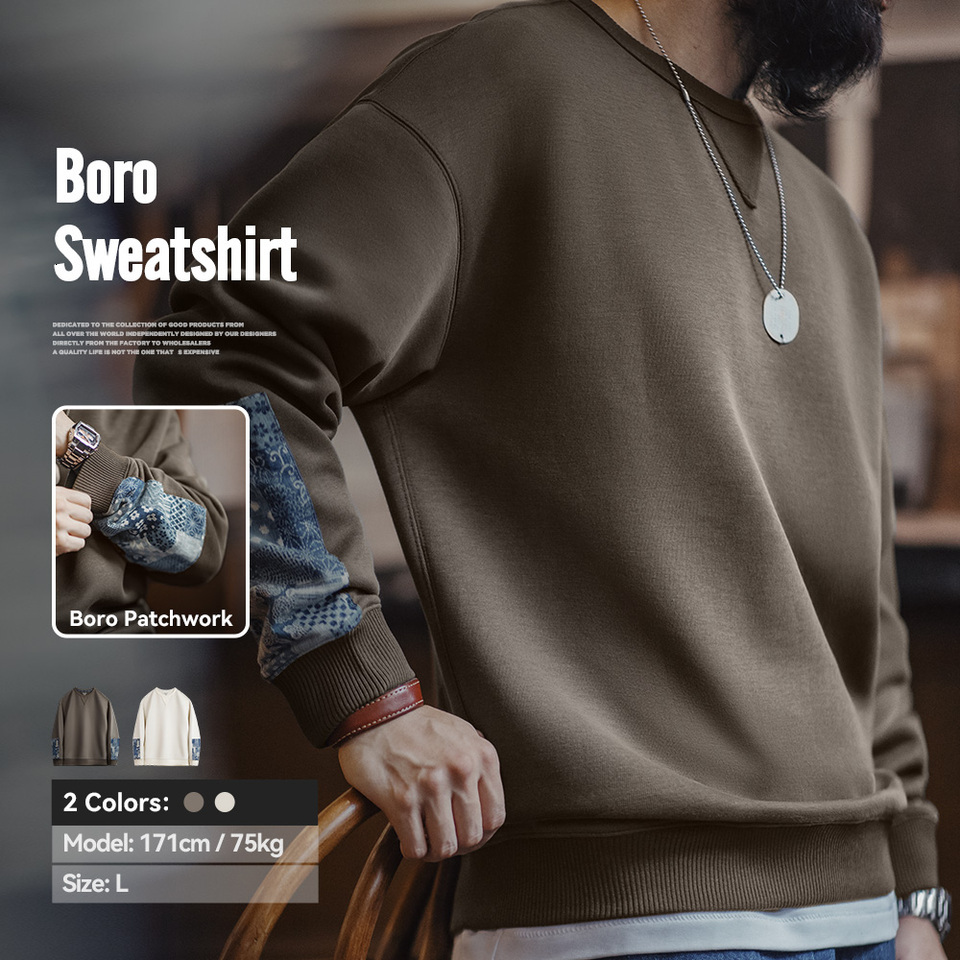 Maden Vintage Boro Patchwork Sweatshirt Casual Round-Neck Tops Men's Classic Pullover for Spring and Autumn Fashion Streetwear 26Y1017