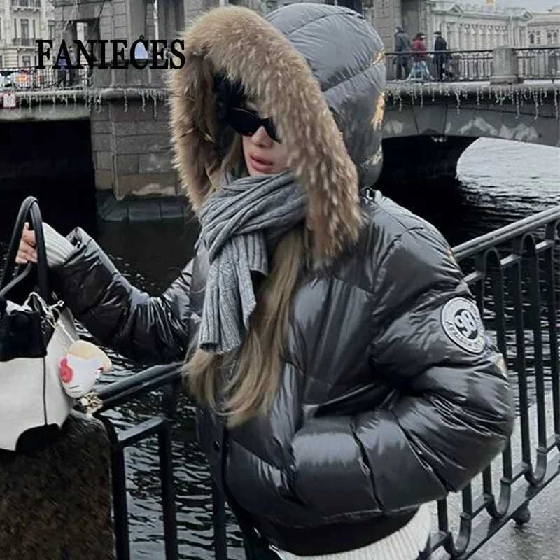 Women's Down Parkas Russian Winter Warm Faux Fur Hooded Quilted Puffer Jacket Women Y2K Retro Padded Short Coat Casual Parka Glossy Outerwear T