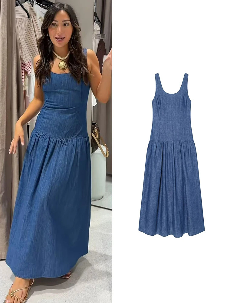TFMLN Summer Blue Denim Sleeveless Midi Dress For Women Slim Fit ALine Casual Daily Wear Sling Dresses Female 261015