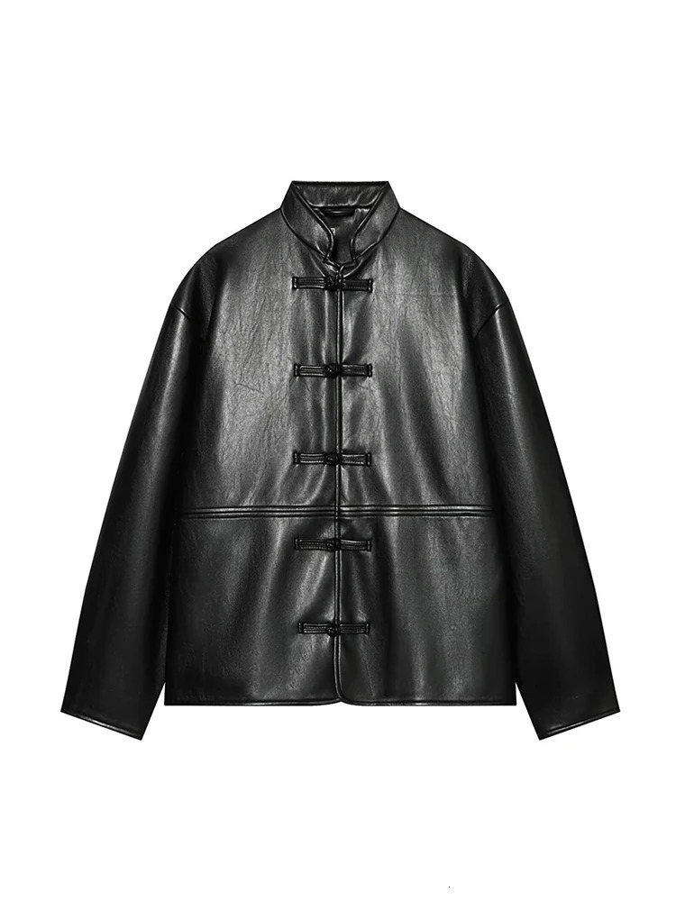 TFMLN Women's Leather Jacket Chinese-Style Frog Button Faux Leather Short Jacket Fashion Stand Collar Retro Short Coat 261016