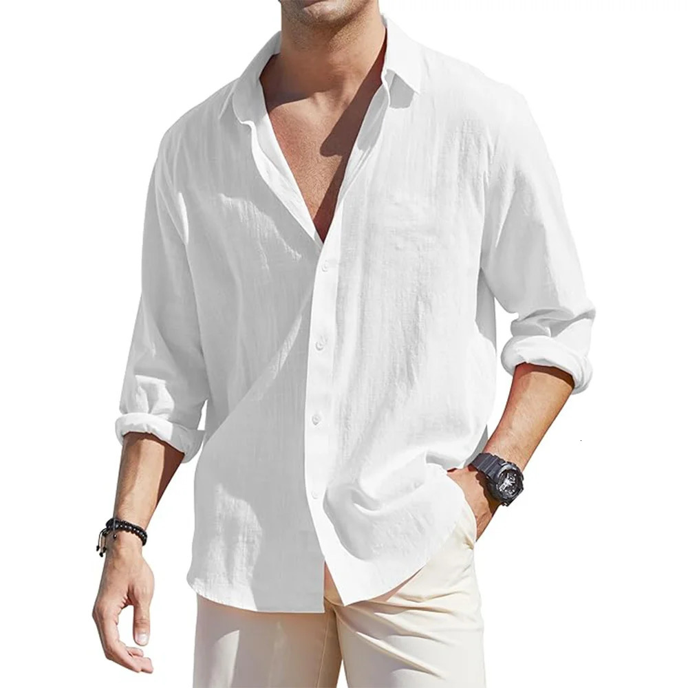 Men's Loose-Fit Long-Sleeve Cotton Linen Shirts for Men Business Casual Button Down Shirt Lightweight Breathable Vacation 261015
