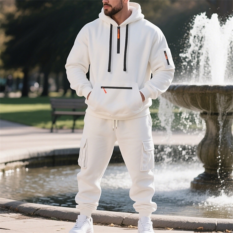 Men's sports suit style autumn and winter fleece men's casual sportswear zipper sweater multi-pocket work pants suit 260930
