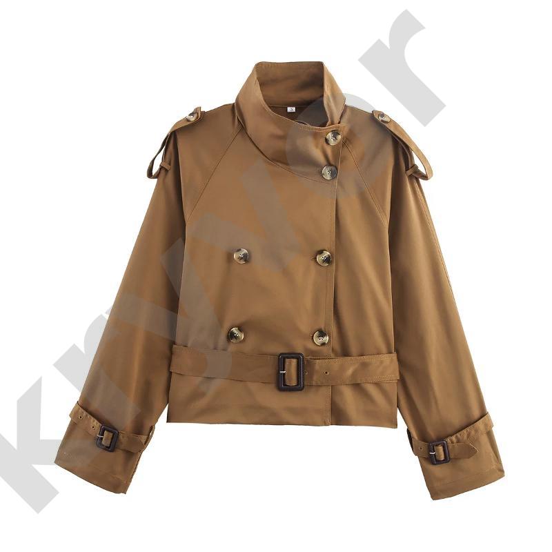 Veste trench courte de style britannique classique pour femmes, large col à revers, boutons à double boutonnage, boucle de taille, ceinture, bret