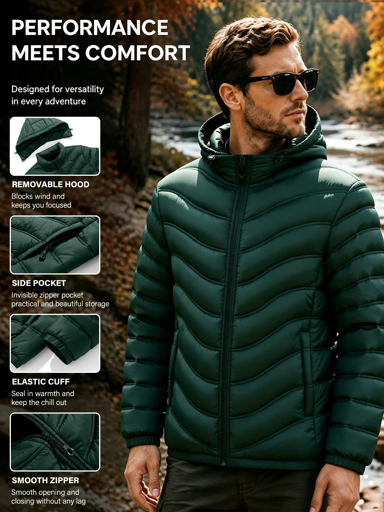 Men's Lightweight Down Jacket with Removable Hood Windproof Warm Zippered Pockets Outdoor Casual Winter Coat 261016