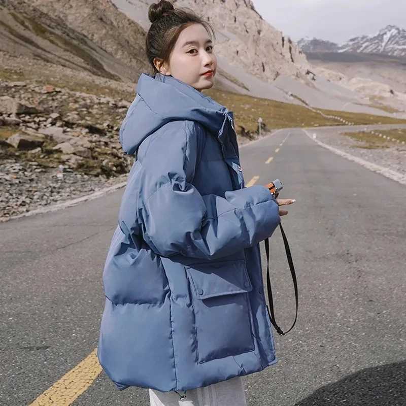 Women's Down Parkas 2025 New Women's Loose Plus Thick Winter Hooded Flannel Coat Versatile Solid Color Down Jacket Winter Foggy Blue Women