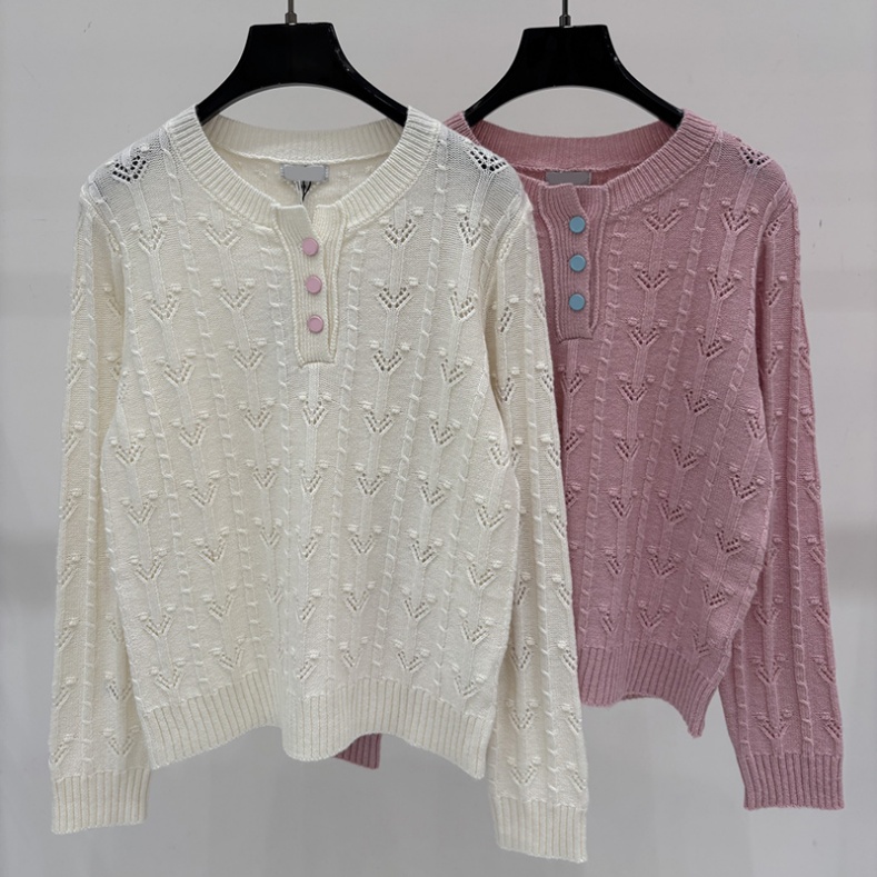 Wool Knitted Hollow Pullover Women Henley Neck Oversized Coquette Ribbed Jumper Autumn Breathable Solid Supple Jumpers