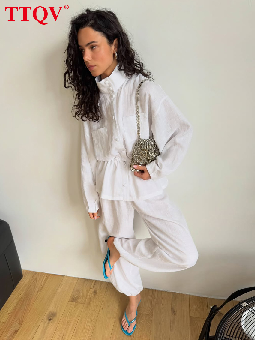 2026 Fashion Loose White Cotton Women's 2-Piece Sets 2027 Elegant Long Sleeve Shirt With High Waist Pencil Pants Set Female