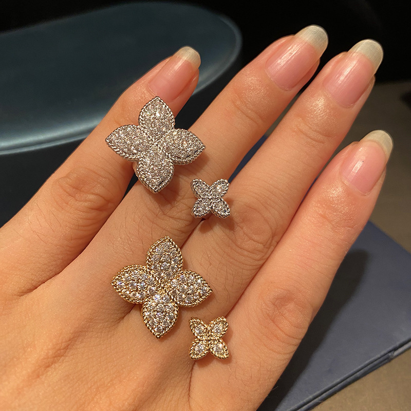 Elegant Four-Leaf Clover With Zirconia, Fashionable Adjustable Open The Index Finger, European American Style For Weddings And Parties, Women's