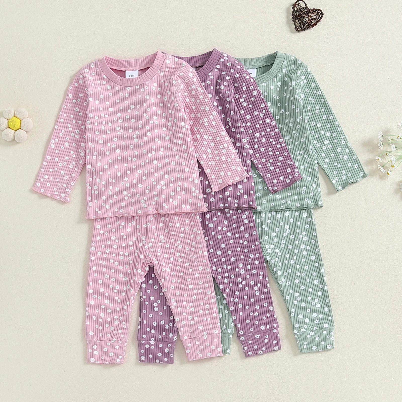 Citgeett Autumn Kids Girls Fall Sets Long Sleeve Floral Print Tops Ribbed Drawstring Pants Spring Clothes 261015