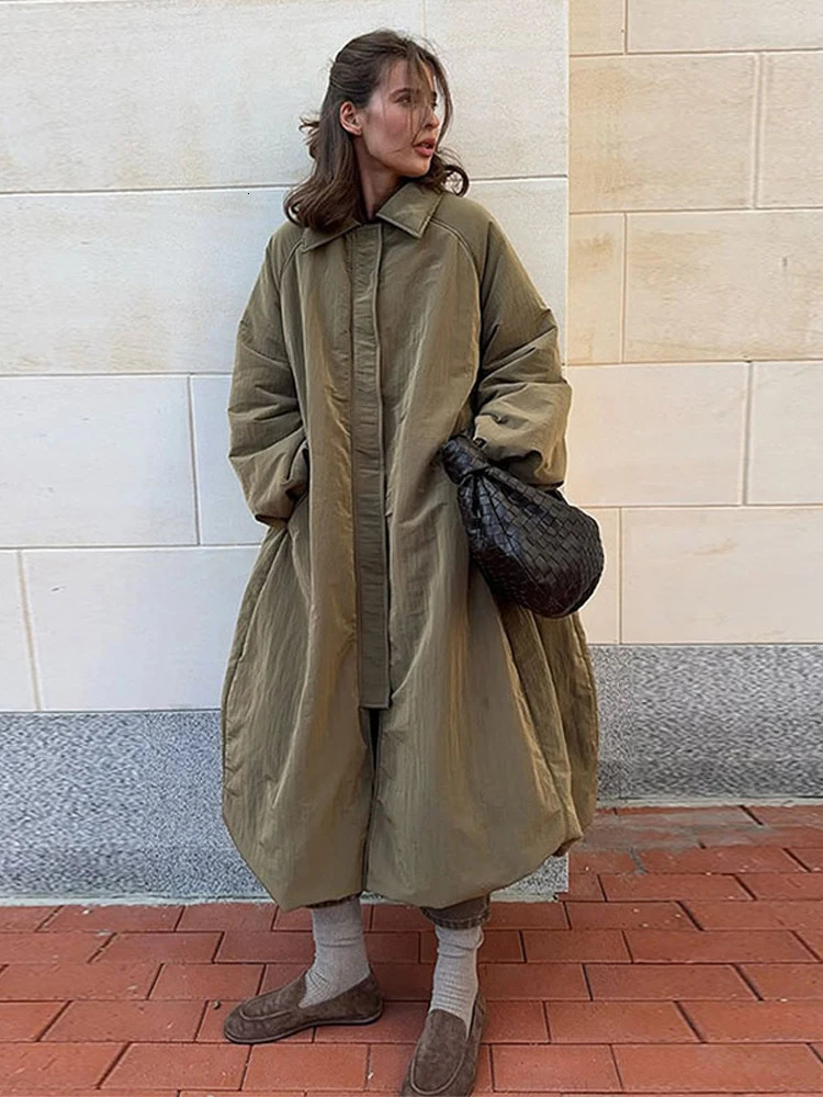 Collar Long Sleeve Maxi Puffer Jacket CottonBlend Oversize ALine 2026 Autumn Cozy Warm Women Outerwear Trendy Retro Lady Coat 261016