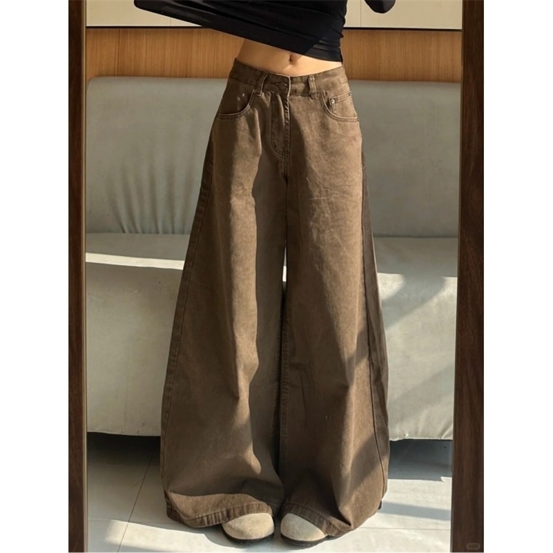 Women Autumn Brown Coffee Wide Leg Jeans High Waist Versatile Loose Casual Floor Length Denim Pants For Ladies Daily Outfit 261016