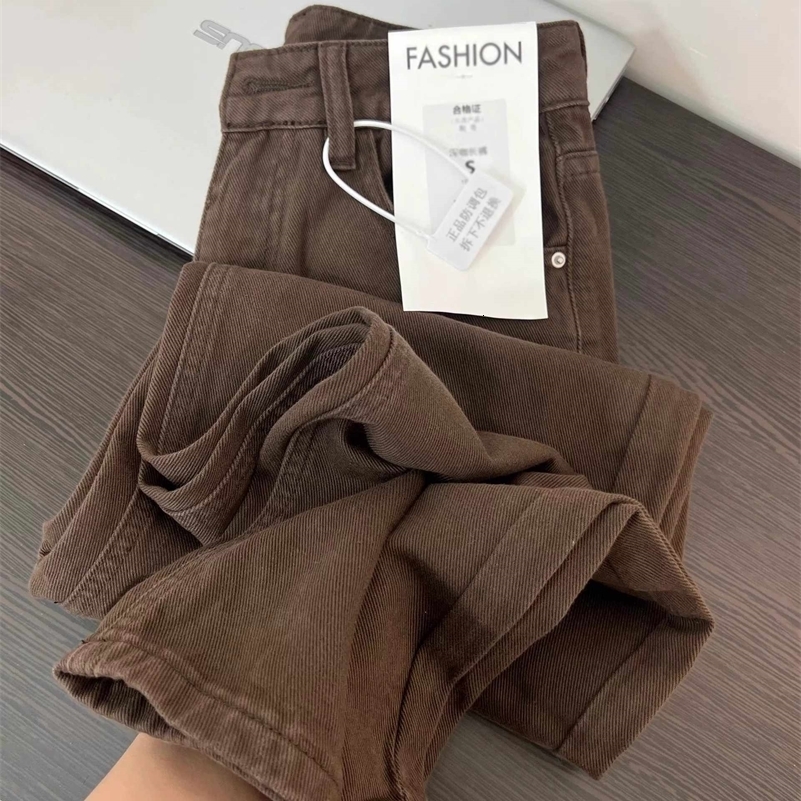 American Retro Straight Jeans Women Autumn High Waist Loose All-matched Coffee Wide Leg Pants Fashion Trend Denim Trousers 261016