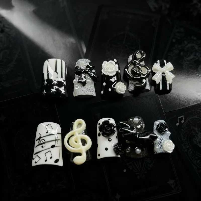 False Nails New 10pcs Handmade Gothic Press on Nails Punk Dark 3D Musical Note Design False Nails Fashion Duckbilled French Fake Nail Tips Q261017