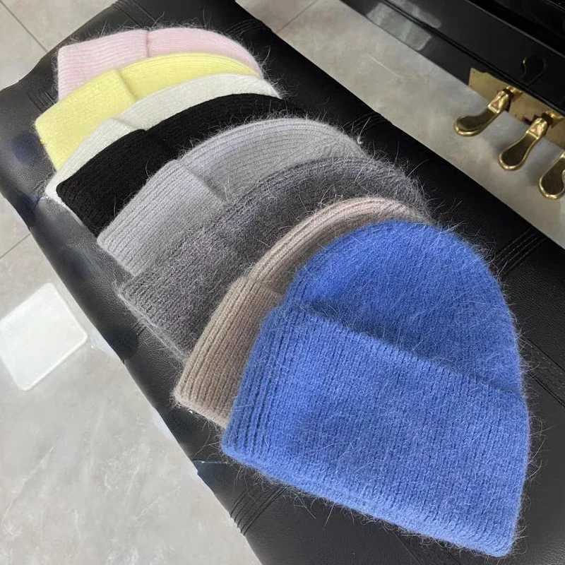 Beanie/Skull Caps 2024 Angora Knit Winter Hat For Womens Rabbit Fur Fluffy Knitted Beanies Korea Luxury Bonnet Female Soft Warm Skullies Beanies Q26