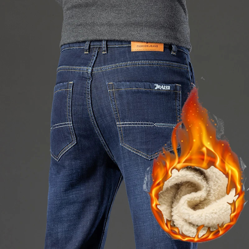 Men's Winter Fleece Straight Jeans Thickened Warm Plush Comfortable Denim Pants Fashion Business Casual Trousers Male Clothes 261016