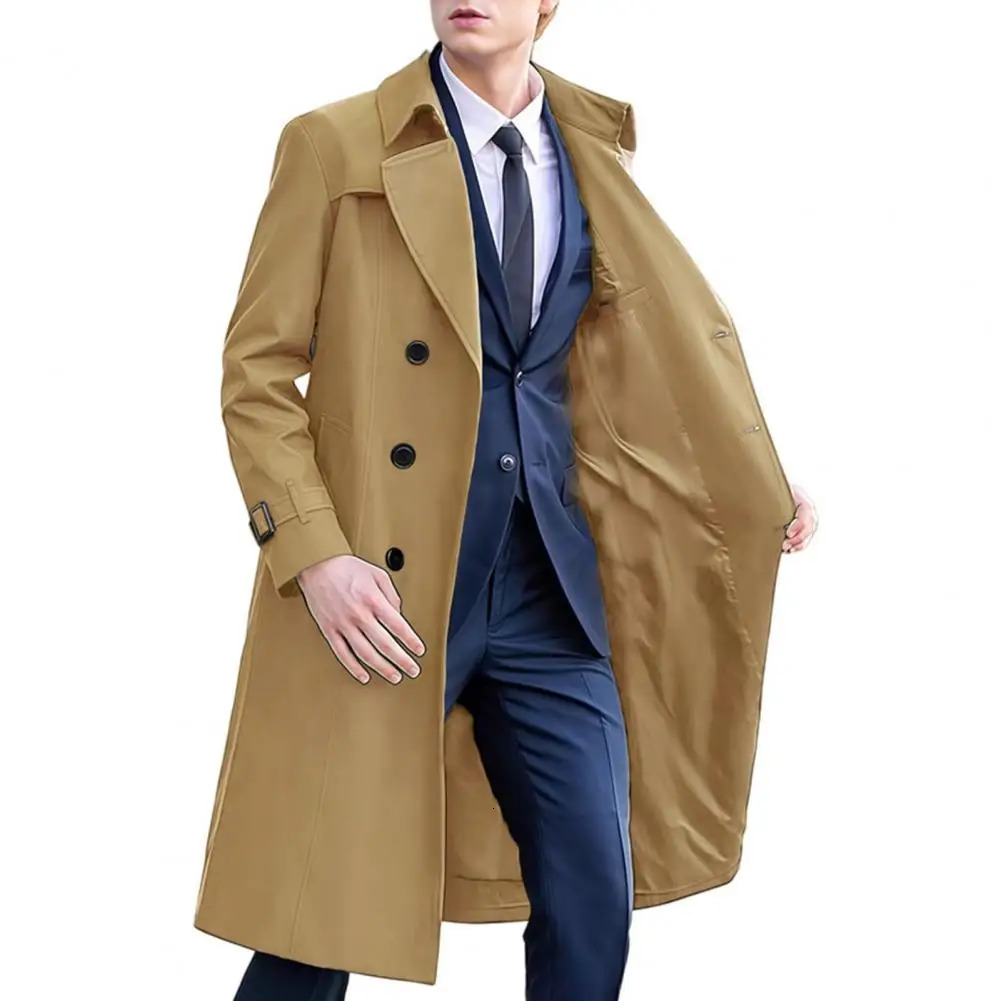 Men Windbreaker Coat Lapel Long Sleeve Double Breasted Mid-Length Trench Solid Color Casual Business Outerwear 261015