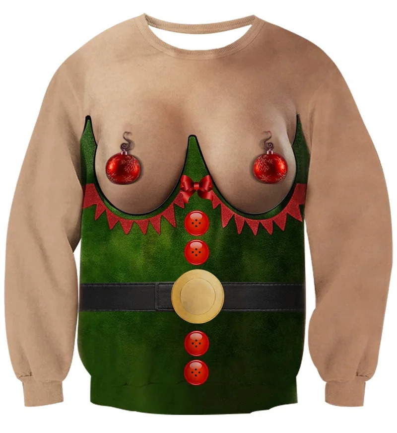 Mens Ugly Christmas Sweater 3D Funny Elf Boobs Printed Novelty Xmas Pullover Sweatshirt For Party Funny Xmas Gift Hoody a261016