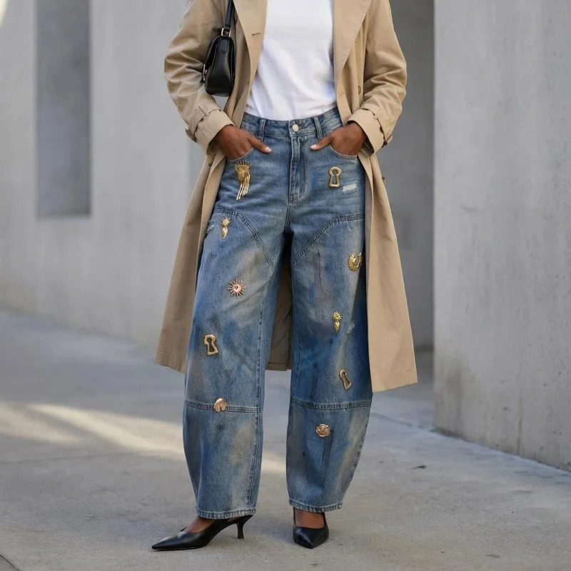 2026 Chic Y2K Style Metal Decoration Washed Blue Women's Stacked Jeans Pants For Woman Clothing Wide Leg Vintage Denim Trouserso 261015