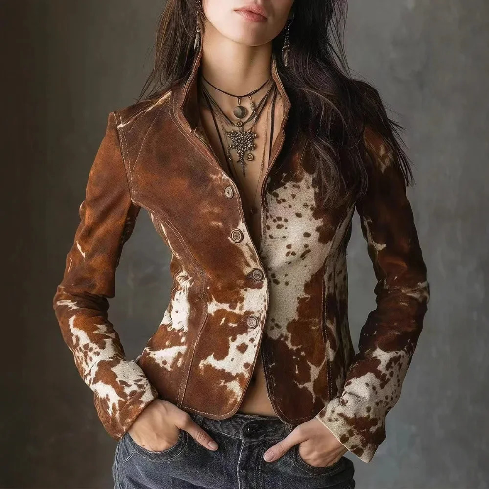 2026 Women Blazer Color Block Dark Brown One Button Single Breasted Lapel Print Long Sleeve Jacket Coat 261017