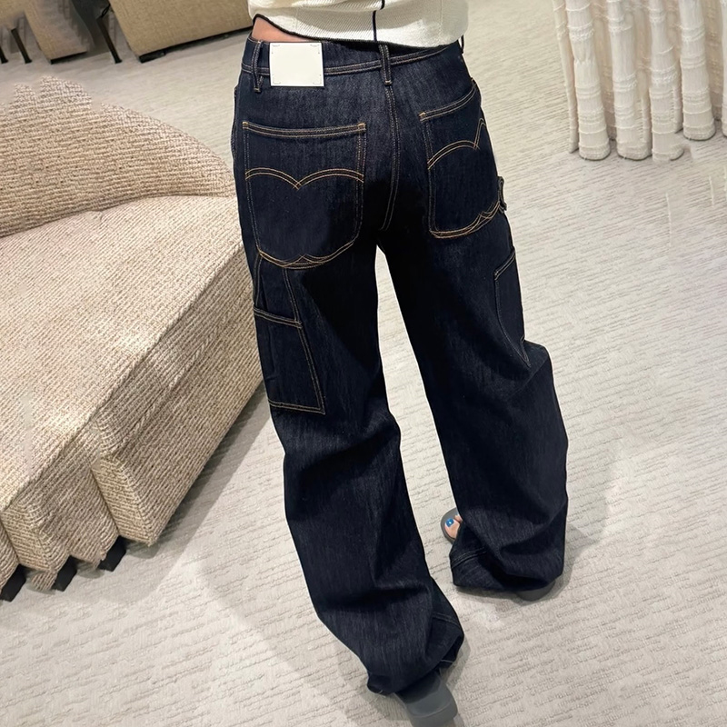 Women Embroidered Pocket Straight Jeans Designer High Waist Cargo Denim Pants Spring Autumn Casual Jeans