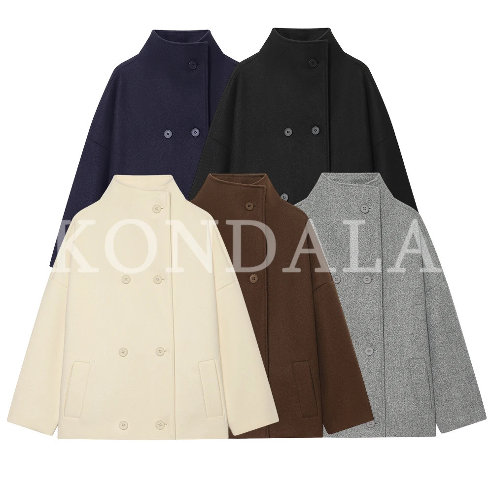 KONDALA Women Elegant Doublebreasted Turtleneck Jacket Coat Fall Winter Casual Soft Tweed Jacket 2026 Fashion Commute Chic Coat 261016