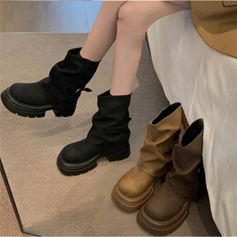 American Retro Slouch Mid Calf Boots For Women Buckle Thick Sole Chunky Heel Boots Height Increasing Slim Fashion Boots 261013