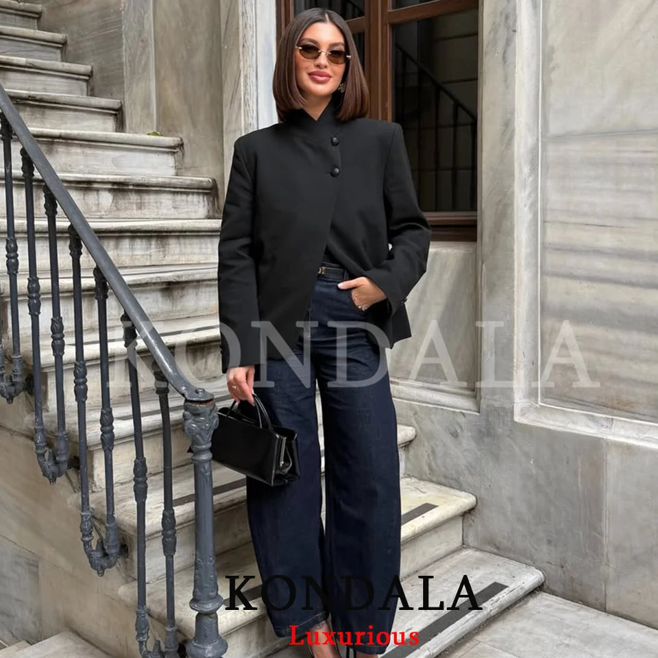 KONDALA Office Lady Chic Black Women Blazer Stand Collar Long Sleeve Loose Jackets Fashion 2026 Spring Summer Vintage Outwears 261015