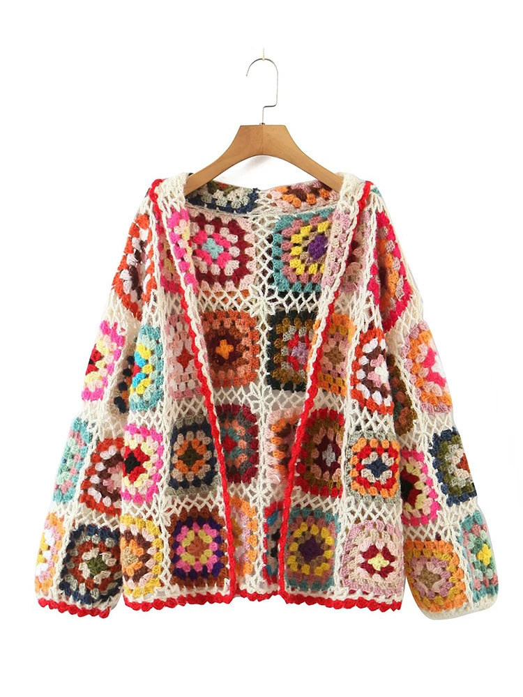 YENKYE Autumn Women Handmade Crochet Knit Hooded Cardigan Vintage Multicolor Long Sleeve Female Boho Knit Sweater 261015