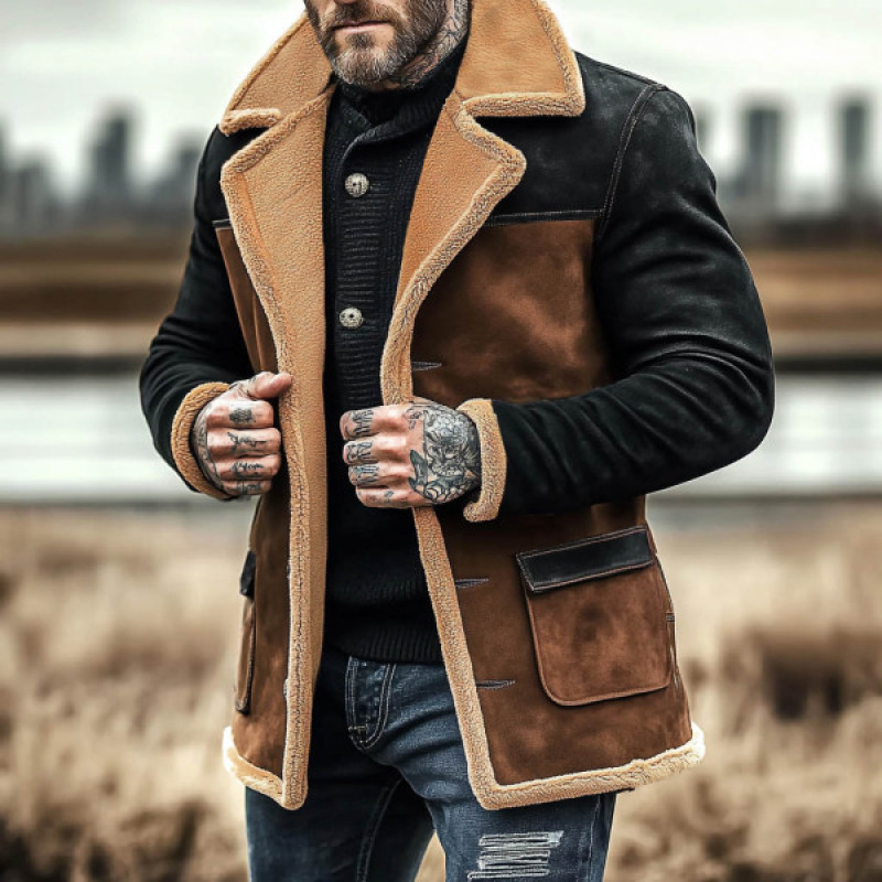 Men Fashion European and American style, retro suede patchwork casual jacket, men's outdoor warm outerwear for winter