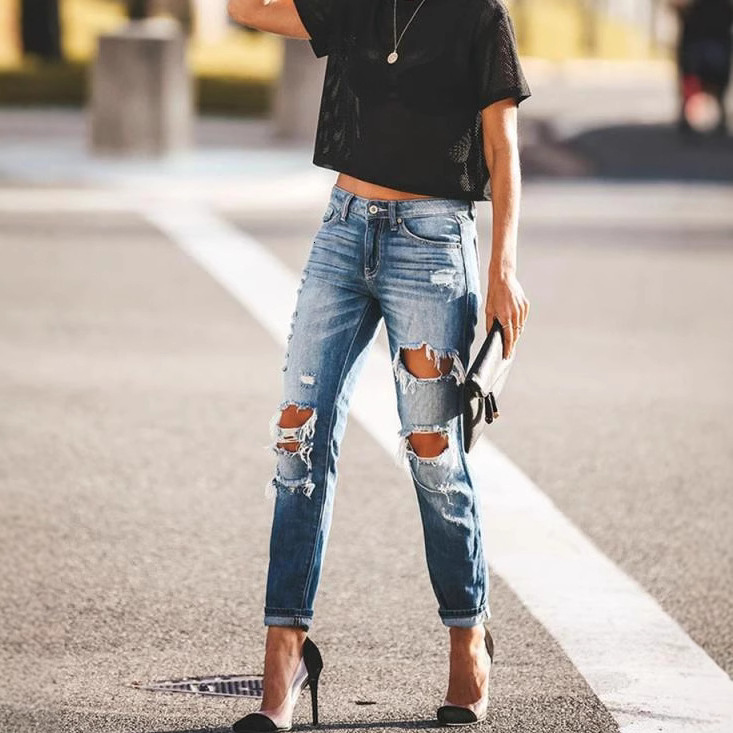 Women Mid Waist Boyfriend Ripped Jeans Heavy Distressed Holes Frayed Edge Roll Cuff Denim Pants European American Street Style Casual Daily Wear Ver