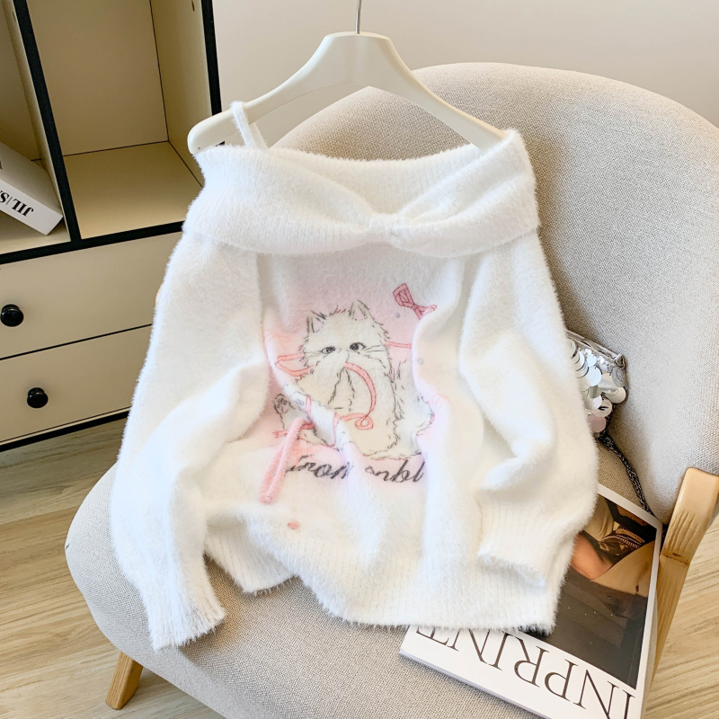 MEXZT Kawaii Off Shoulder Sweater Women Fashion Cartoon Print Knitted Pullovers Cute Core Knitwears Winter Korean Loose Jumpers