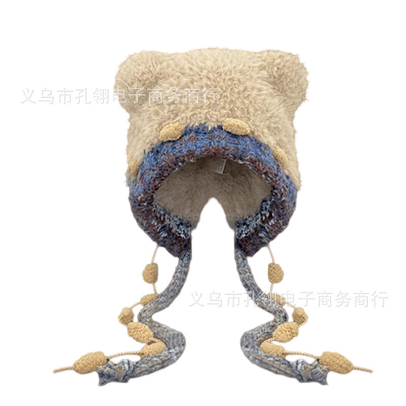 2024 Korean Version Bear Plush Winter Cute Thickened Warm Ear Protection Fashion Lei Feng Knitted Hat for Women