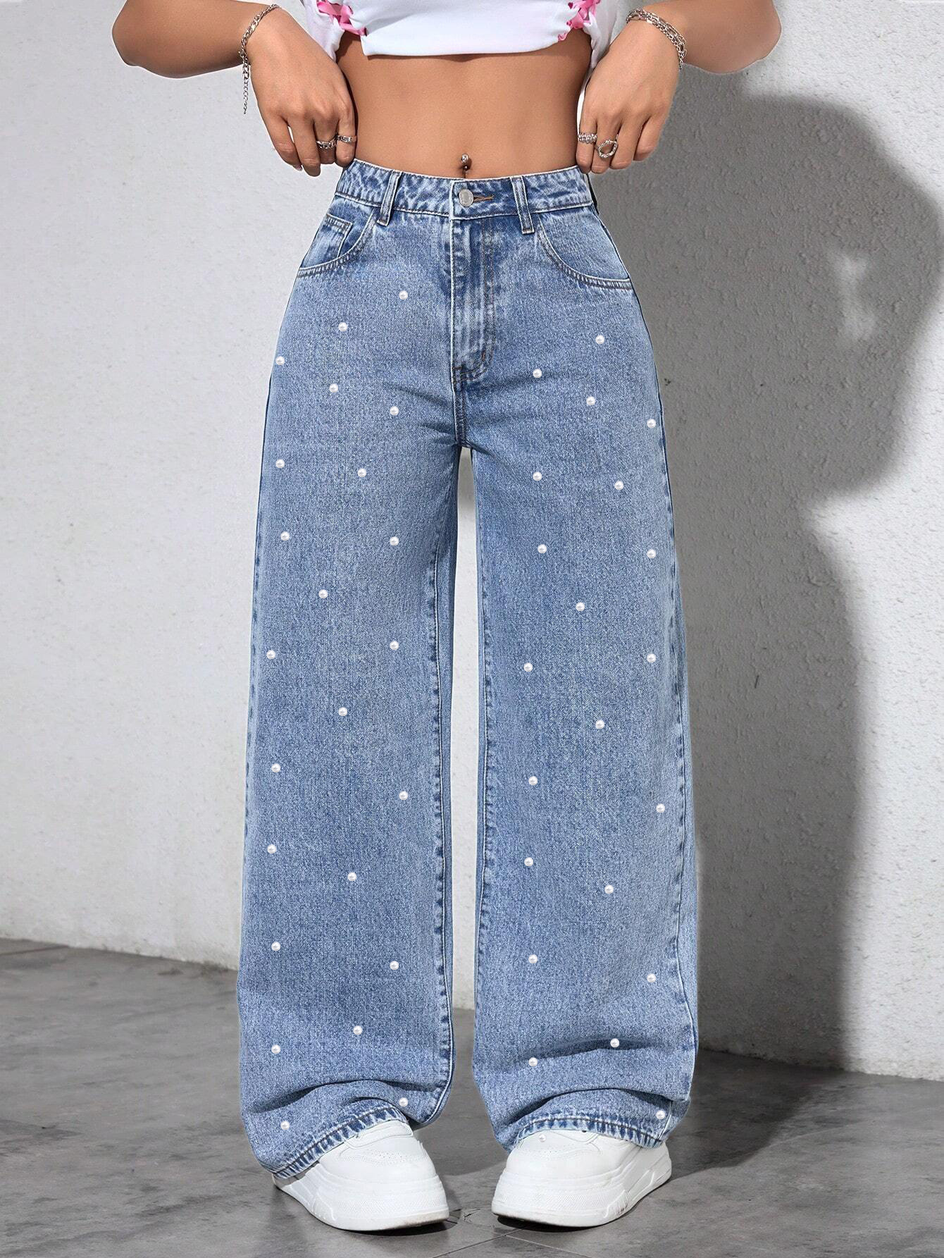 Cross-border European and American Amazon bestseller, ins-style pearl straight loose versatile wide-leg long pants, washed denim jeans dongdumaoyi