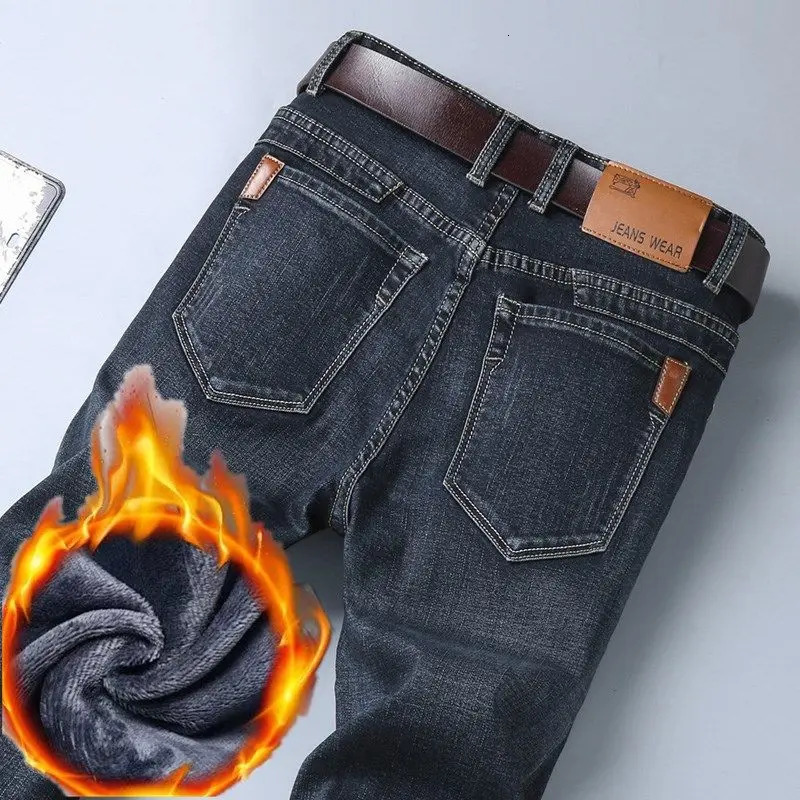Winter Mens Large Plush Thick Jeans Fashion Casual Versatile Business Warm and Cold Resistant Black Blue Denim Pants 261016