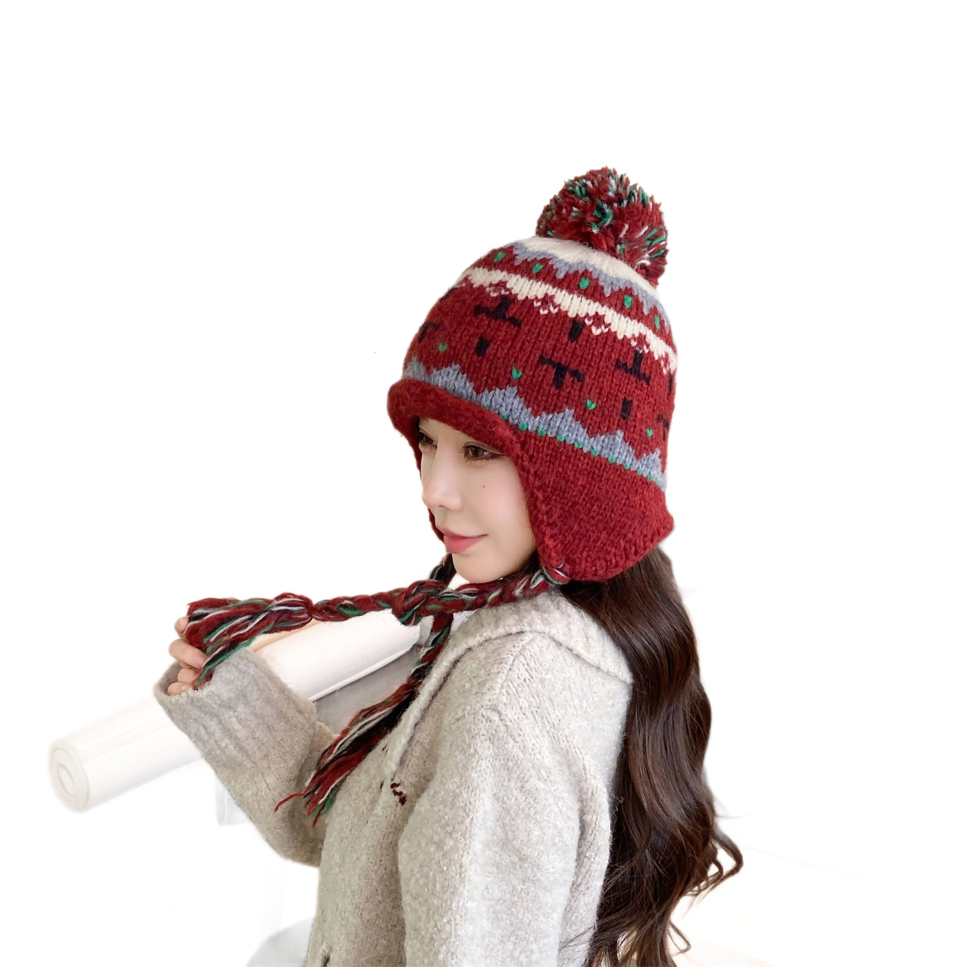 Ethnic Style Color-Block Pullover for Women Winter Korean Version Warm Ear Protection Knitted Cold-Proof Head Wrap Lei Feng Hat