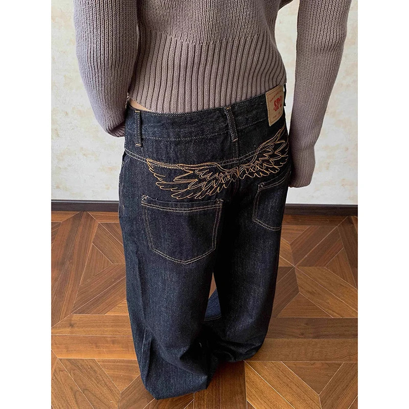 ZHIZOU Women Chic Baggy Embroidery Jeans Grunge Japanese Low Rise Y2K Denim Pants 2000s Aesthetic Harajuku Abi Grunge Cyber Punk 261016