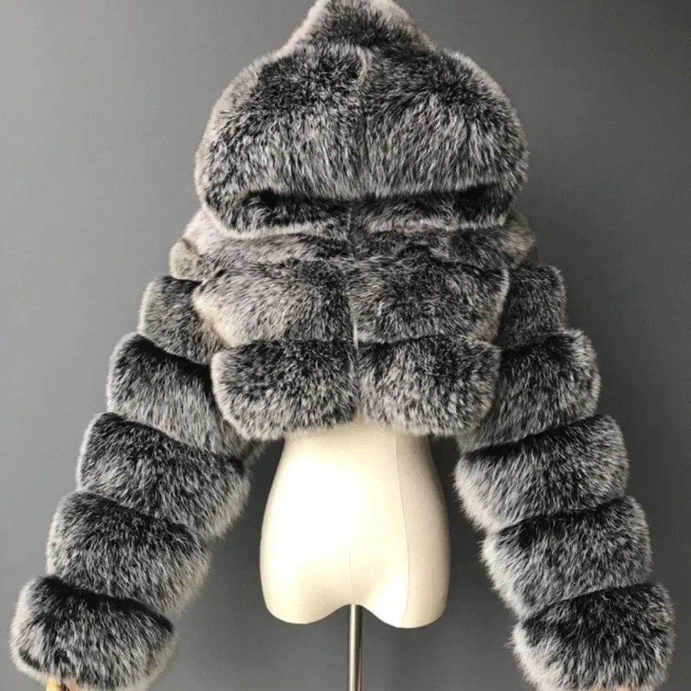 Women's Faux Fur Jacket Short with Hat Faux Fox Fur Long Sleeved Patchwork Autumn and Winter Style 261015