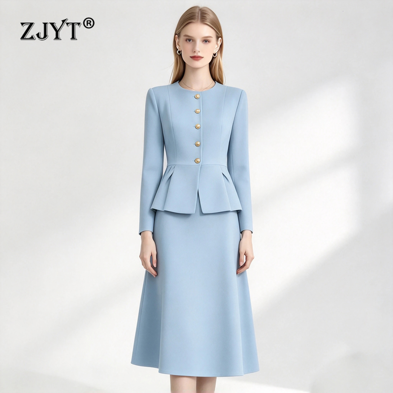 ZJYT Autumn Elegant Dress Set 2 Piece Womens Outfit Blue 2026 ner Long Sleeve Jacket and Skirt Suit Office Work Wear 261015